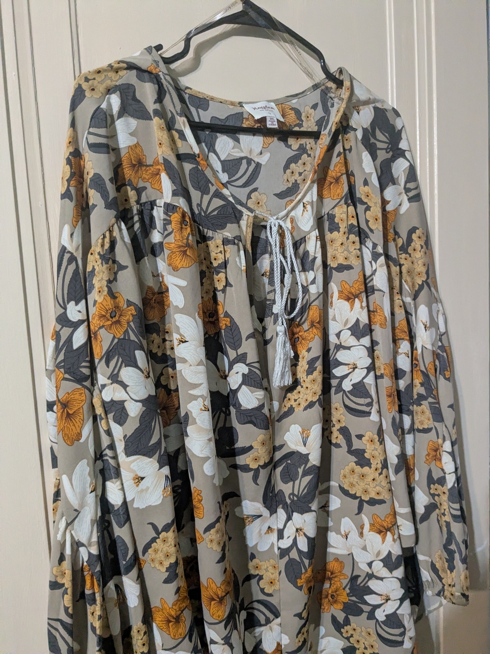 Hayden Floral Tie-Neck Peasant Tunic in Mustard, Gray & White